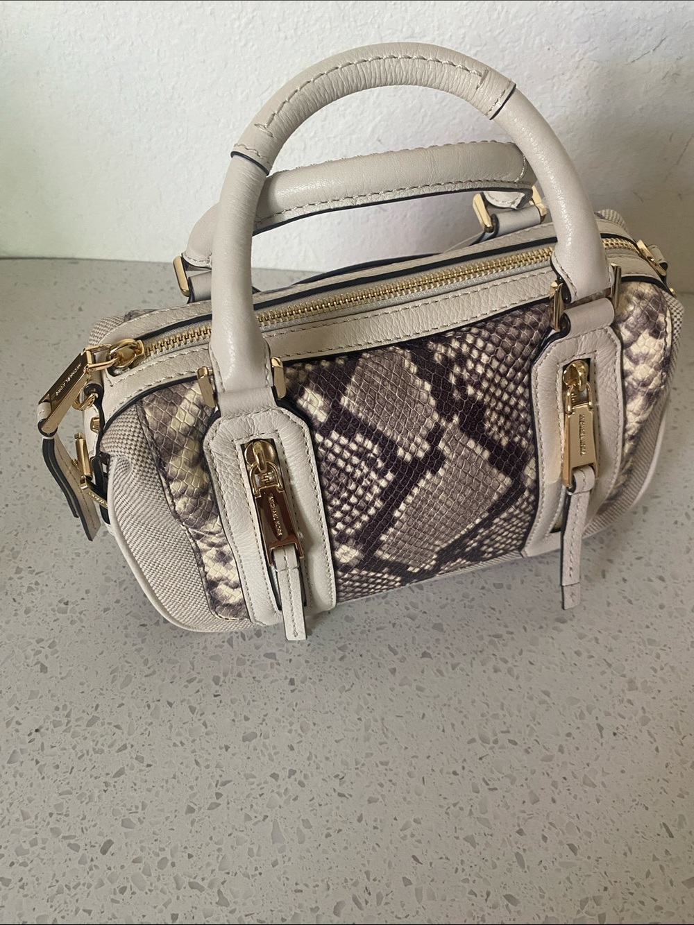 Michael Kors Cream Leather Top-Handle Satchel with Brown Snake-Print